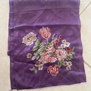 Vera vtg Purple Floral Silk Scarf with Pink & Green Bouquet
